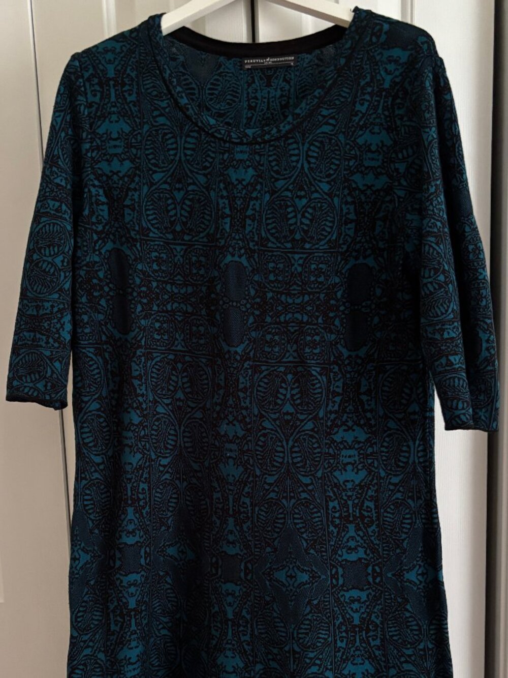 Peruvian Connection Elegant A Line Jacquard Knit Dress, Size XL, Teal and Black
